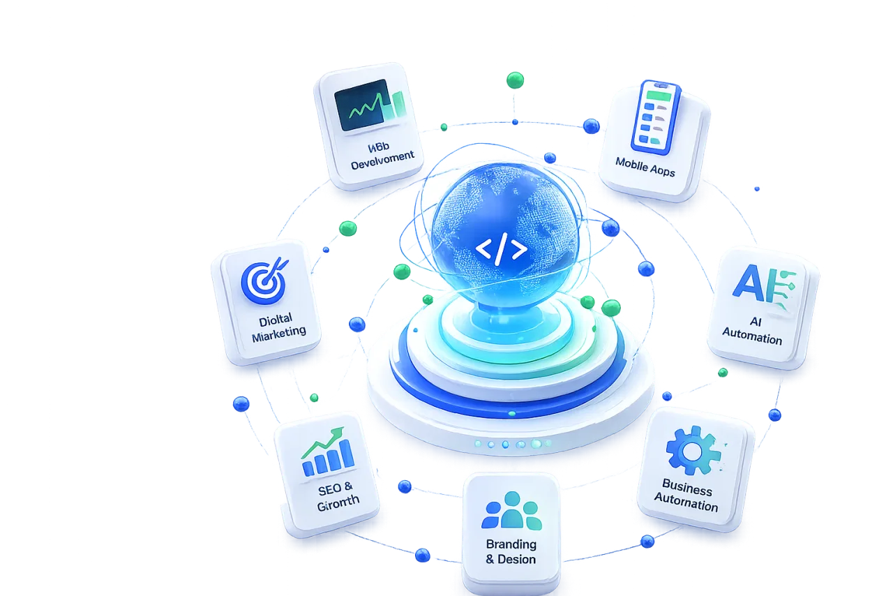 Illustration of the CodeHypes digital growth ecosystem — web development, mobile apps, AI and business automation, SEO, branding and digital marketing connected around a central code hub