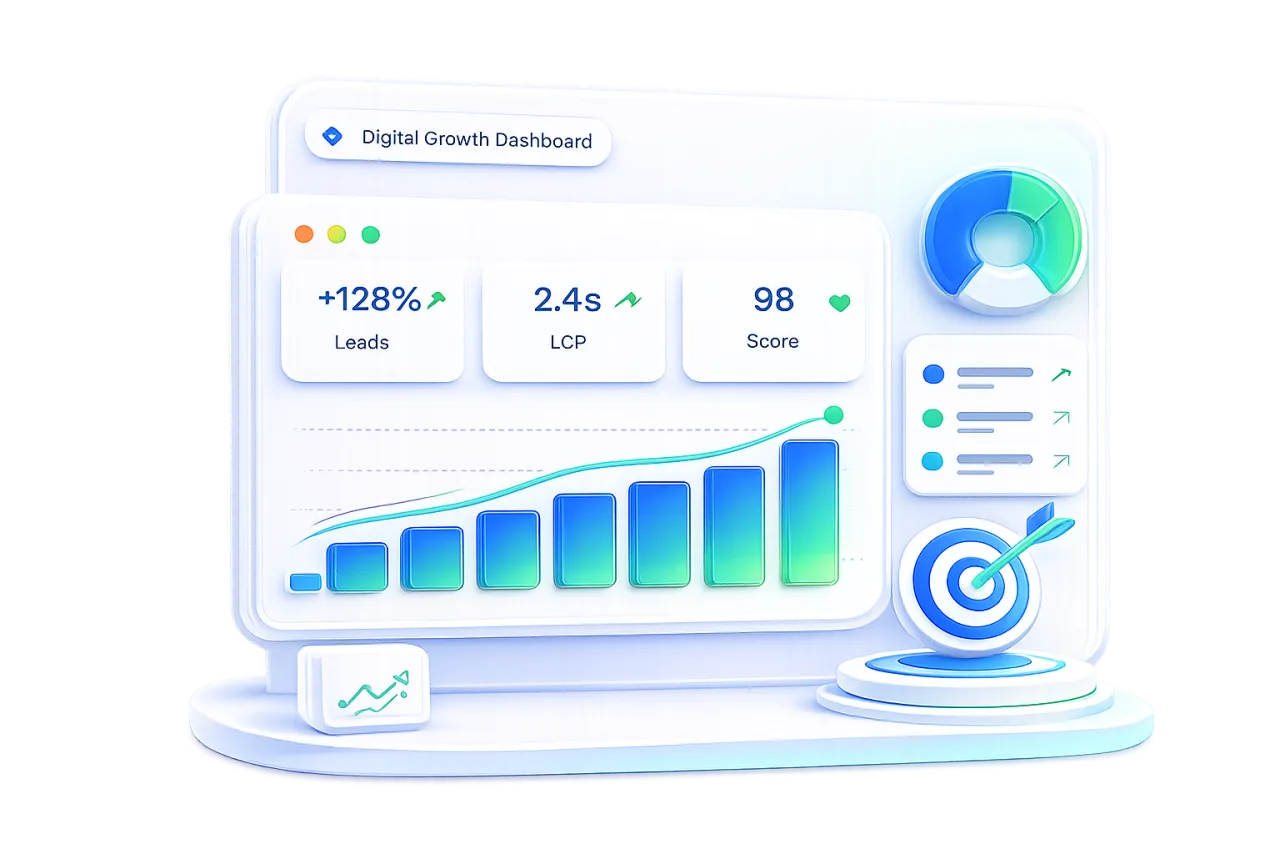 3D illustration of a digital growth dashboard showing +128% leads, 2.4s load time, a 98 performance score and an upward-trending chart