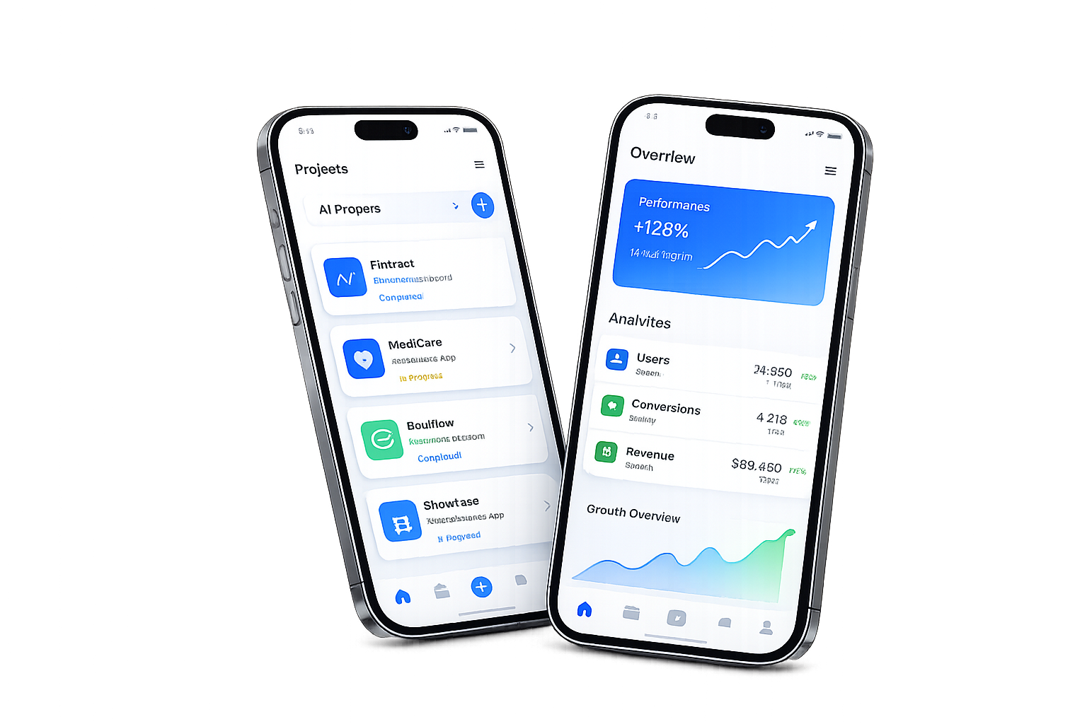 Mobile app dashboards on smartphones showing project and performance screens built with Flutter