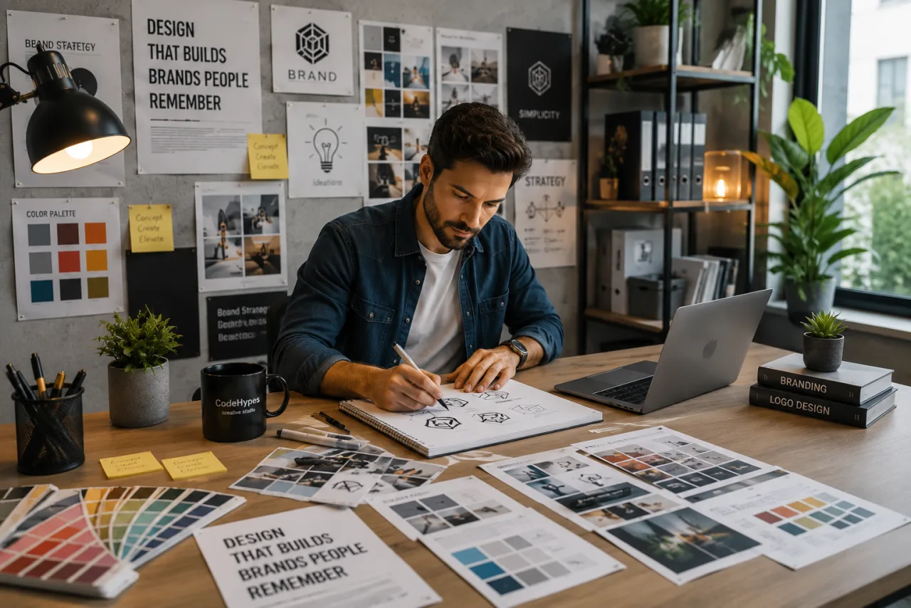 A designer sketching brand concepts at a desk in a creative studio, surrounded by mood boards, colour palettes, logo concepts and branding materials
