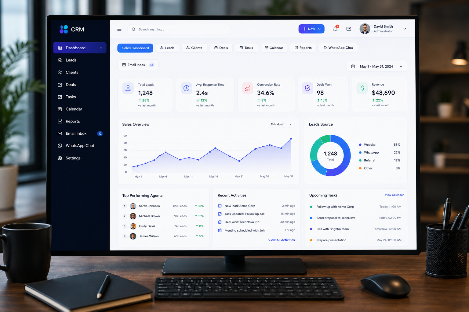 CRM dashboard on desktop monitor showing leads, deals and customer activity for a growing small business