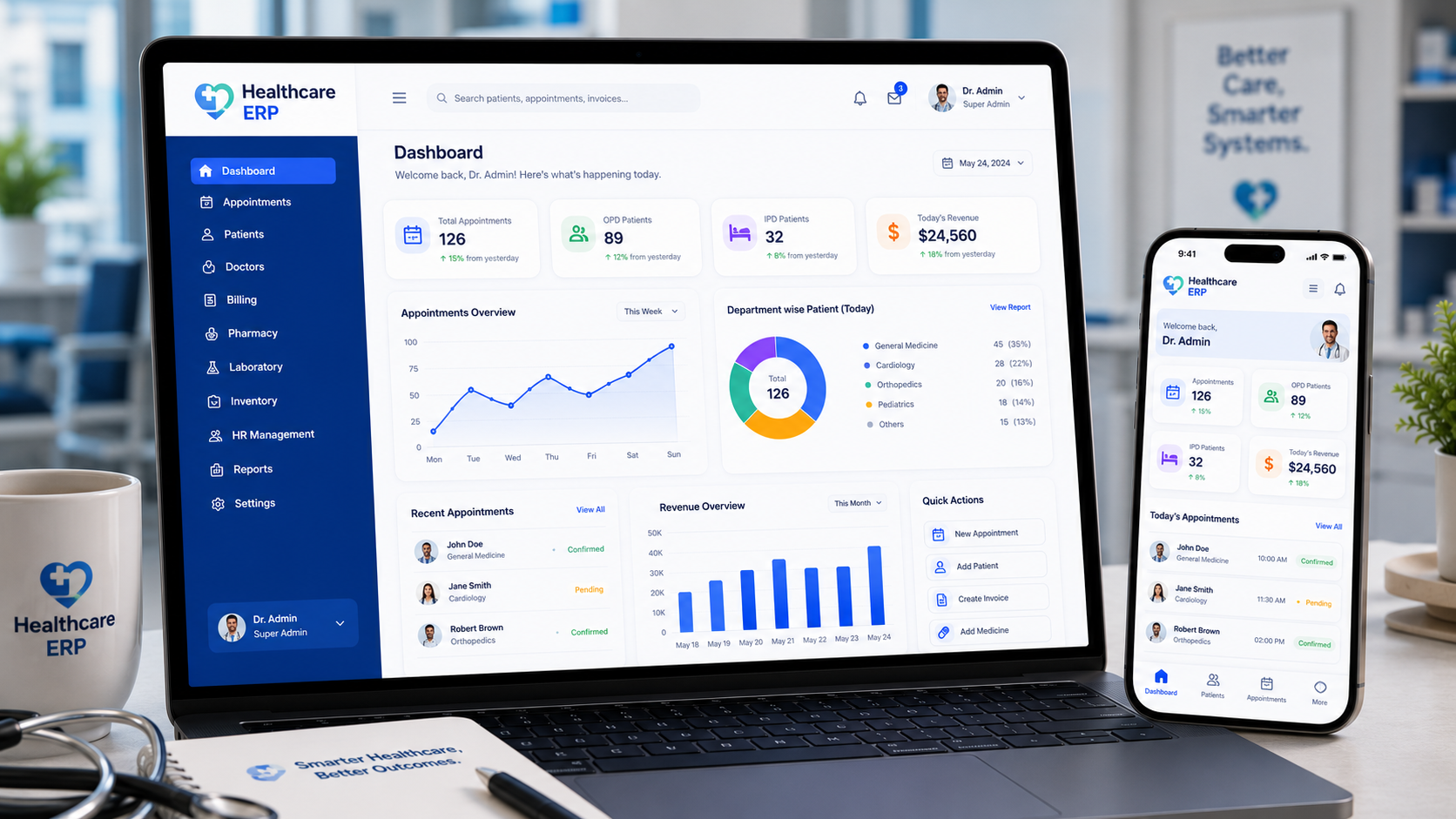 Healthcare ERP dashboard on laptop and phone showing appointments, patients and billing