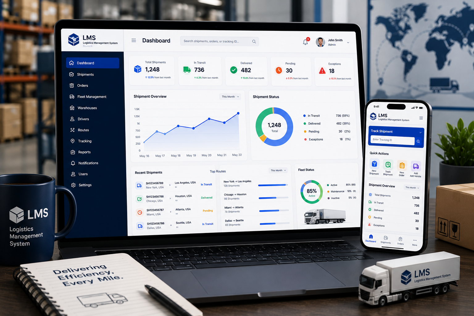 Logistics management system dashboard on laptop and phone showing shipments, fleet and delivery tracking