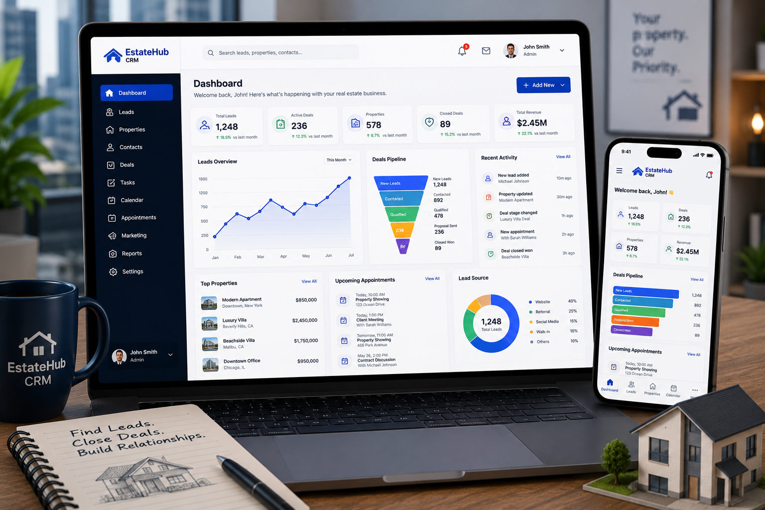 Real estate CRM dashboard on laptop and phone showing leads, properties and deals pipeline