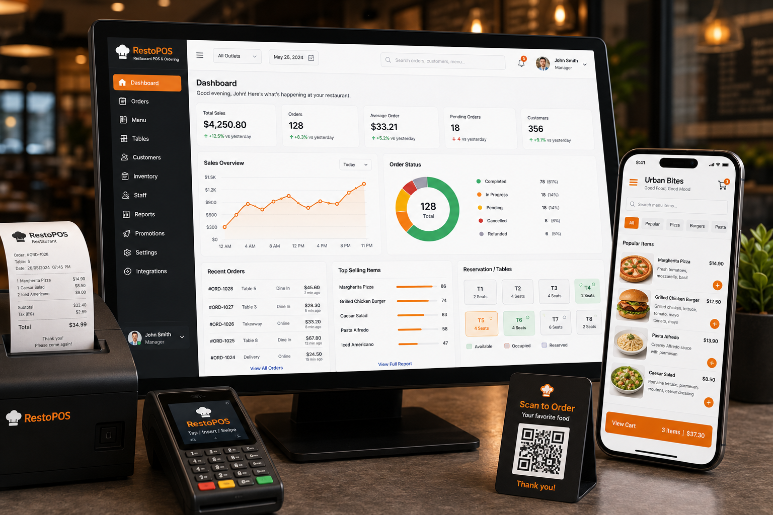 Restaurant POS and ordering dashboard showing sales, orders and table reservations
