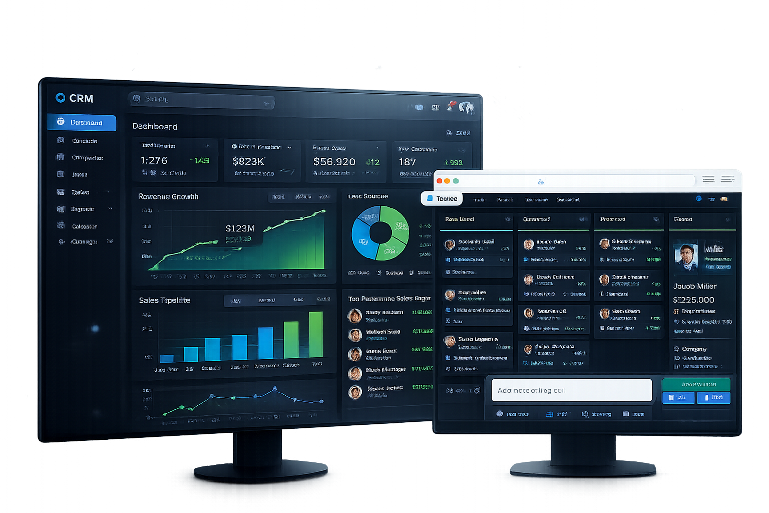 3D illustration of a responsive website and analytics dashboard shown on a laptop and smartphone, surrounded by web technology logos including React, Laravel, PHP, MySQL, AWS, JavaScript and API