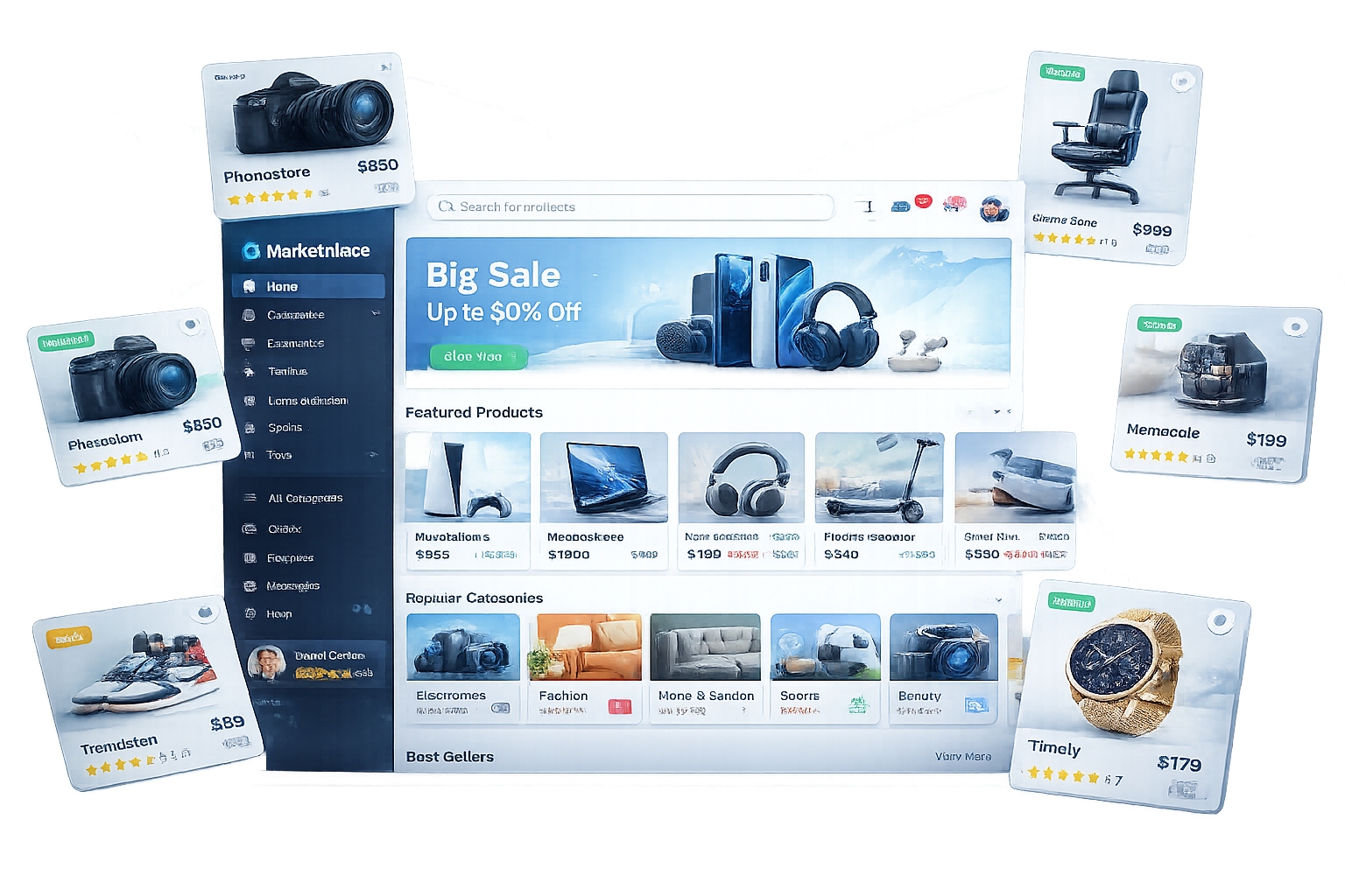 3D illustration of a responsive website and analytics dashboard shown on a laptop and smartphone, surrounded by web technology logos including React, Laravel, PHP, MySQL, AWS, JavaScript and API