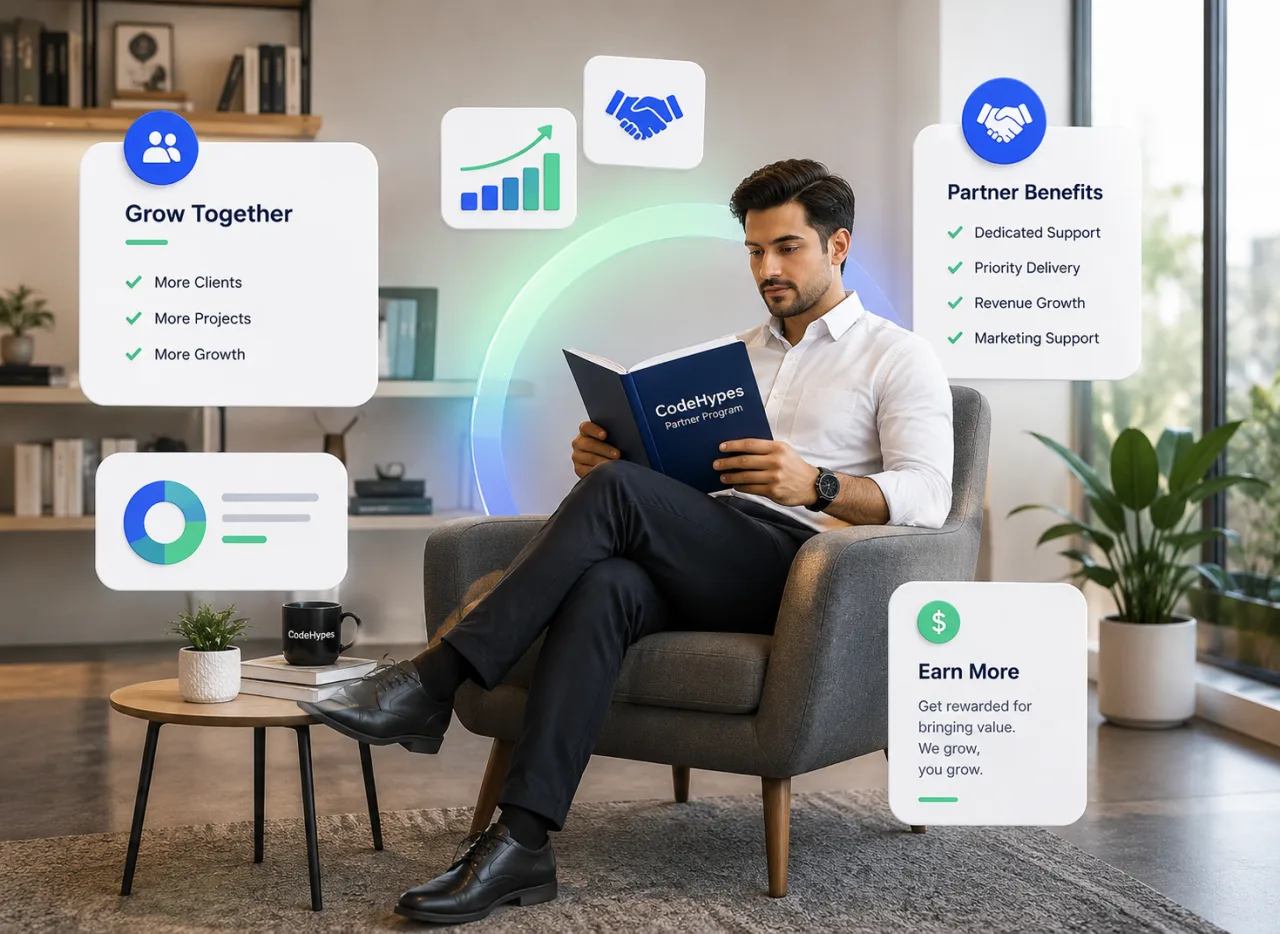 A professional reading a CodeHypes Partner Program brochure in a modern office, with floating cards highlighting partner benefits — grow together with more clients, projects and growth, plus dedicated support, priority delivery, revenue growth and marketing support