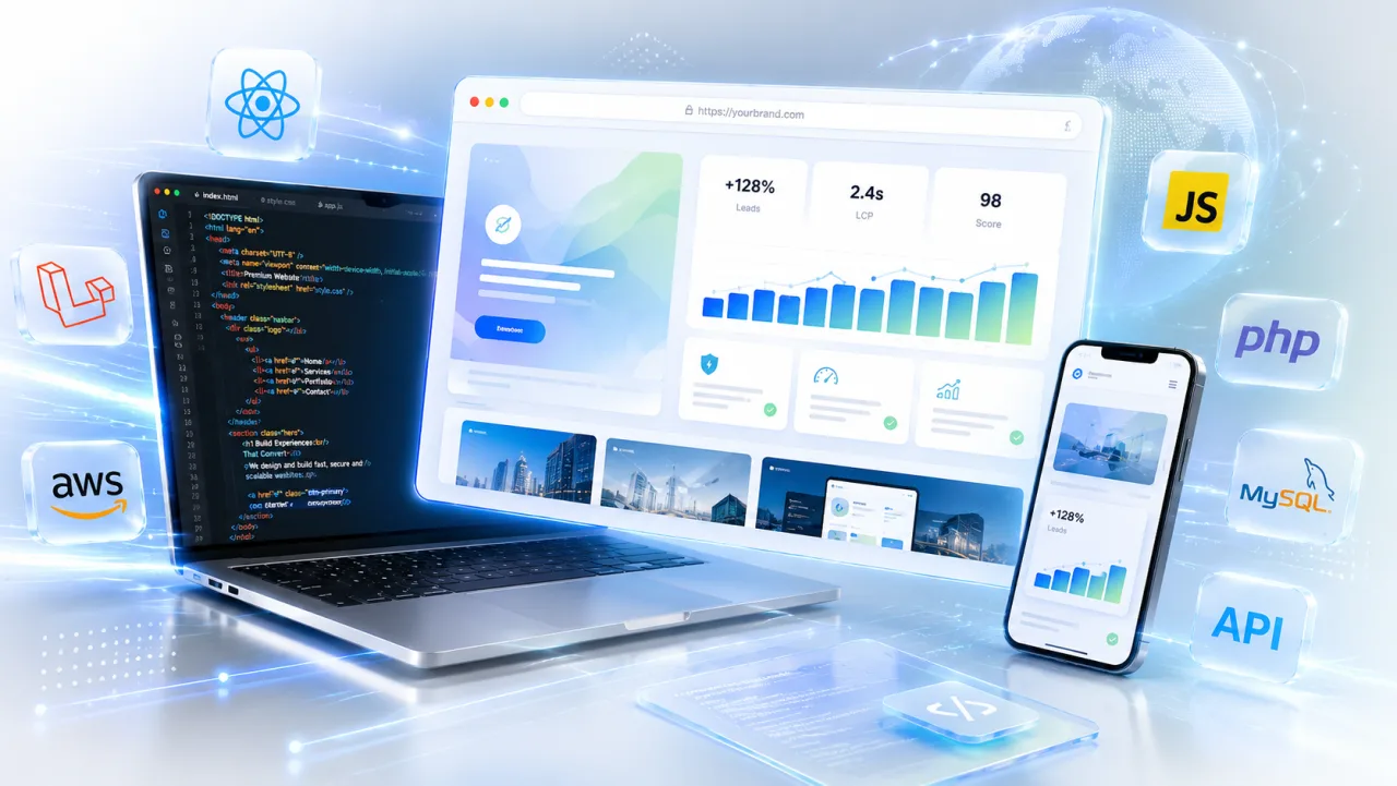 3D illustration of a responsive website and analytics dashboard shown on a laptop and smartphone, surrounded by web technology logos including React, Laravel, PHP, MySQL, AWS, JavaScript and API
