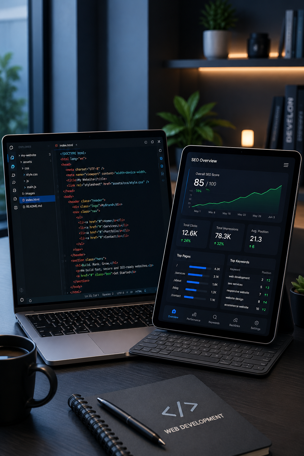 Code editor and SEO dashboard on laptop and tablet representing PHP web development