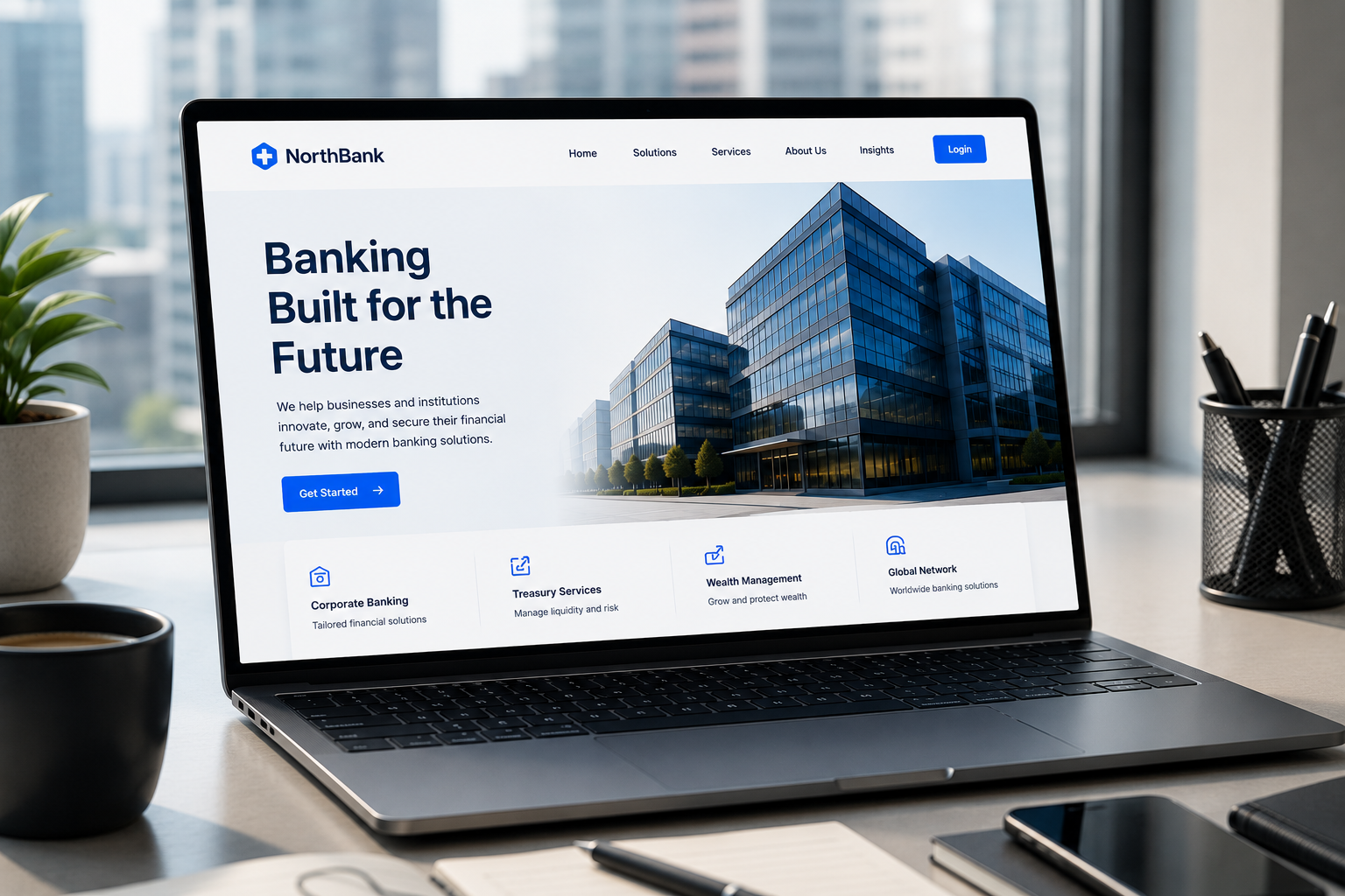 Modern corporate website on a laptop and phone built with a Next.js-style server-rendered frontend