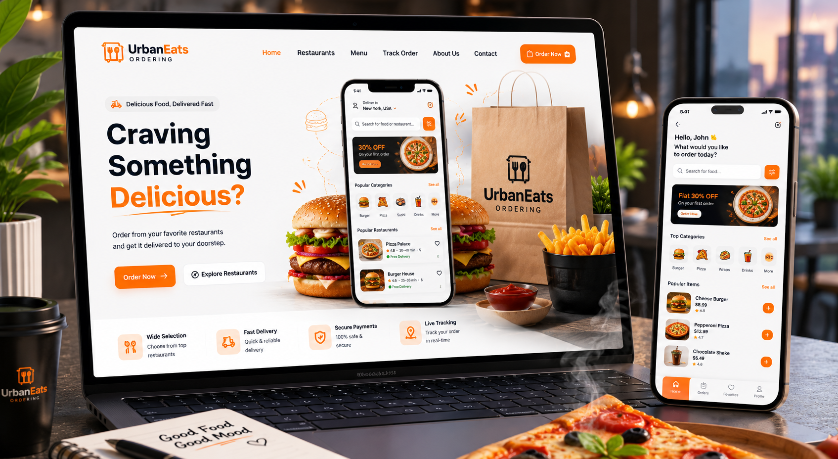 Food and hospitality ordering website on laptop and phone showing menu, cart and delivery tracking