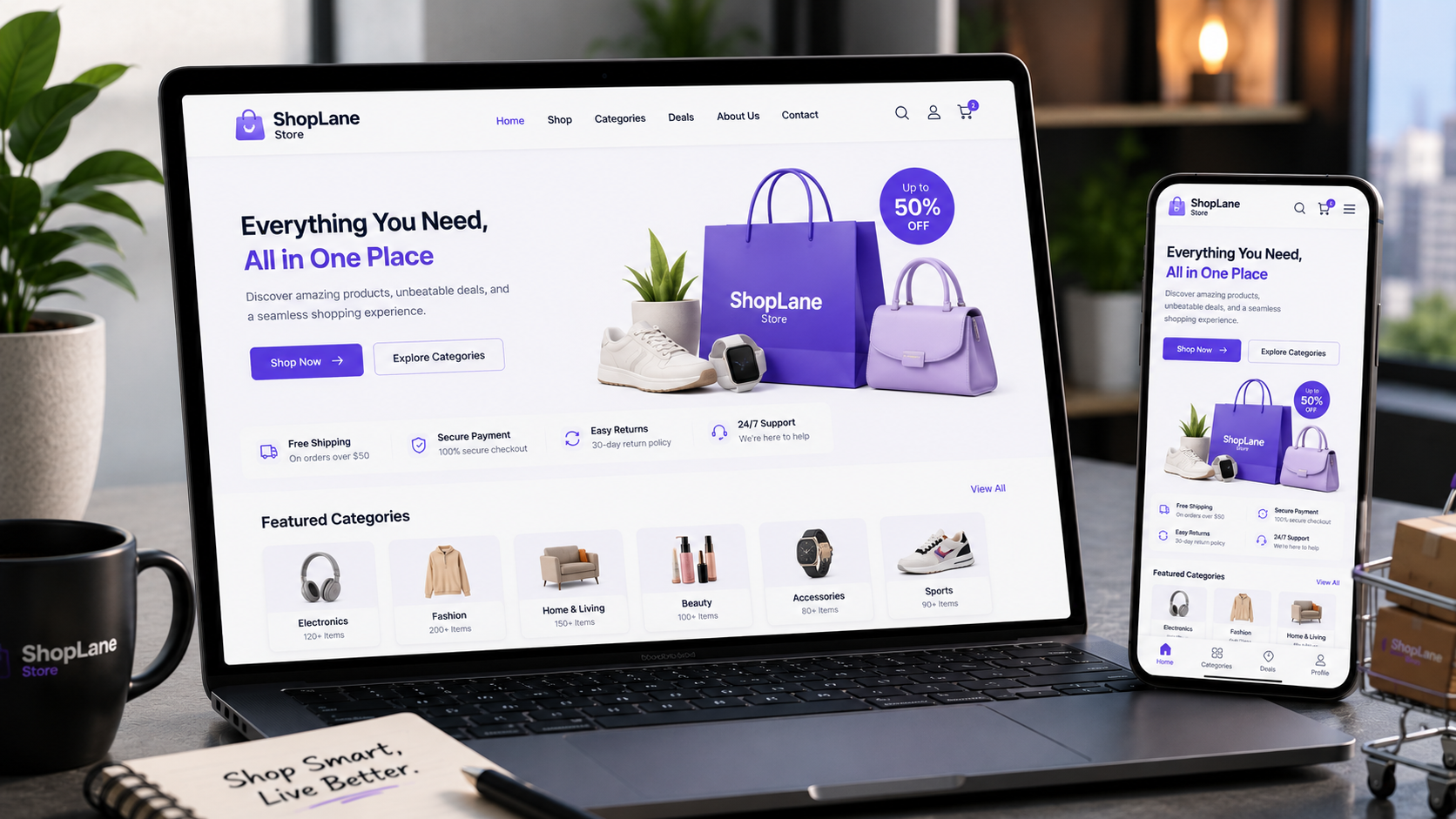 Ecommerce store website on laptop and phone showing product categories, cart and checkout
