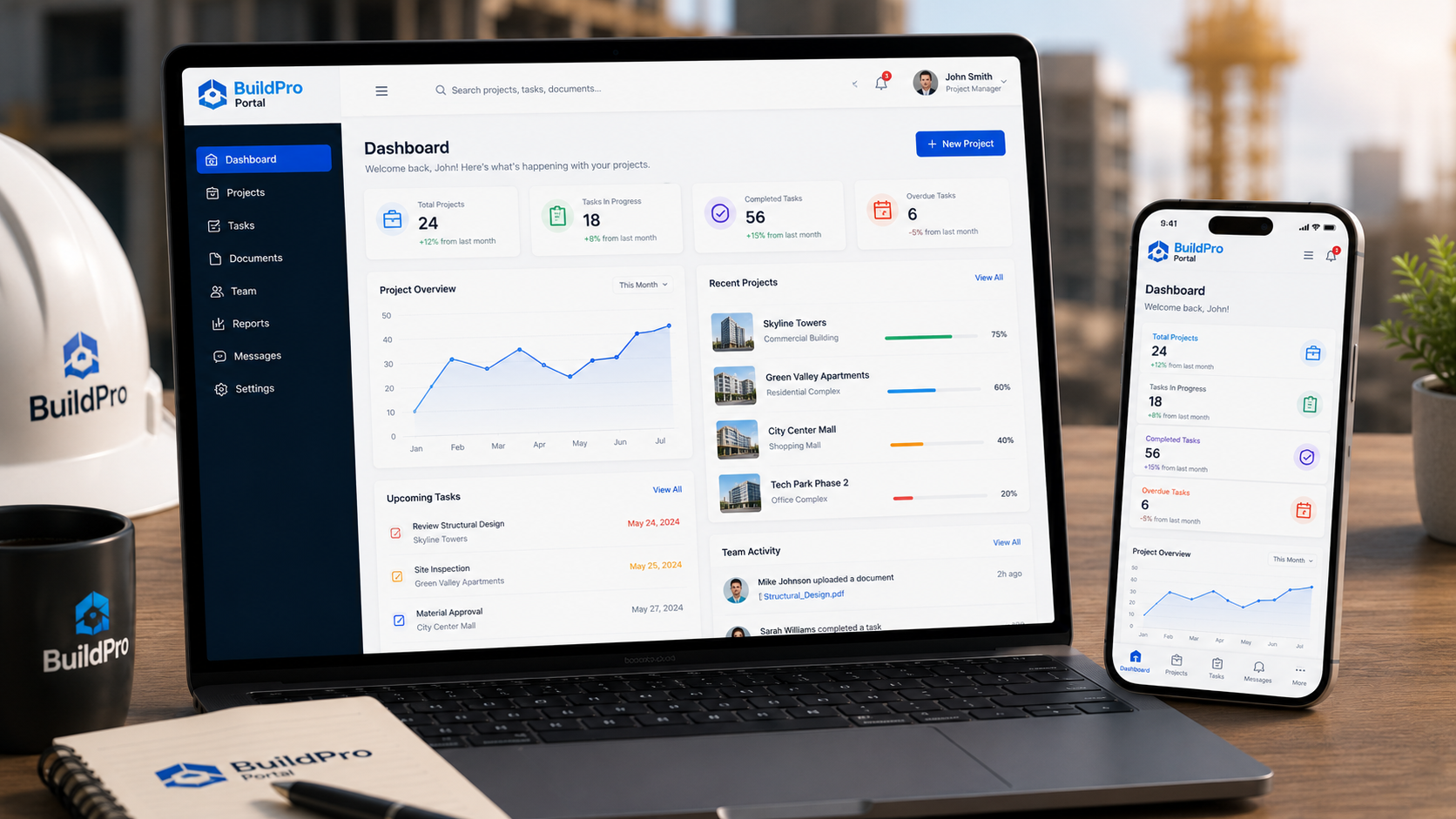 Construction project management portal on laptop and phone showing projects, tasks and site progress